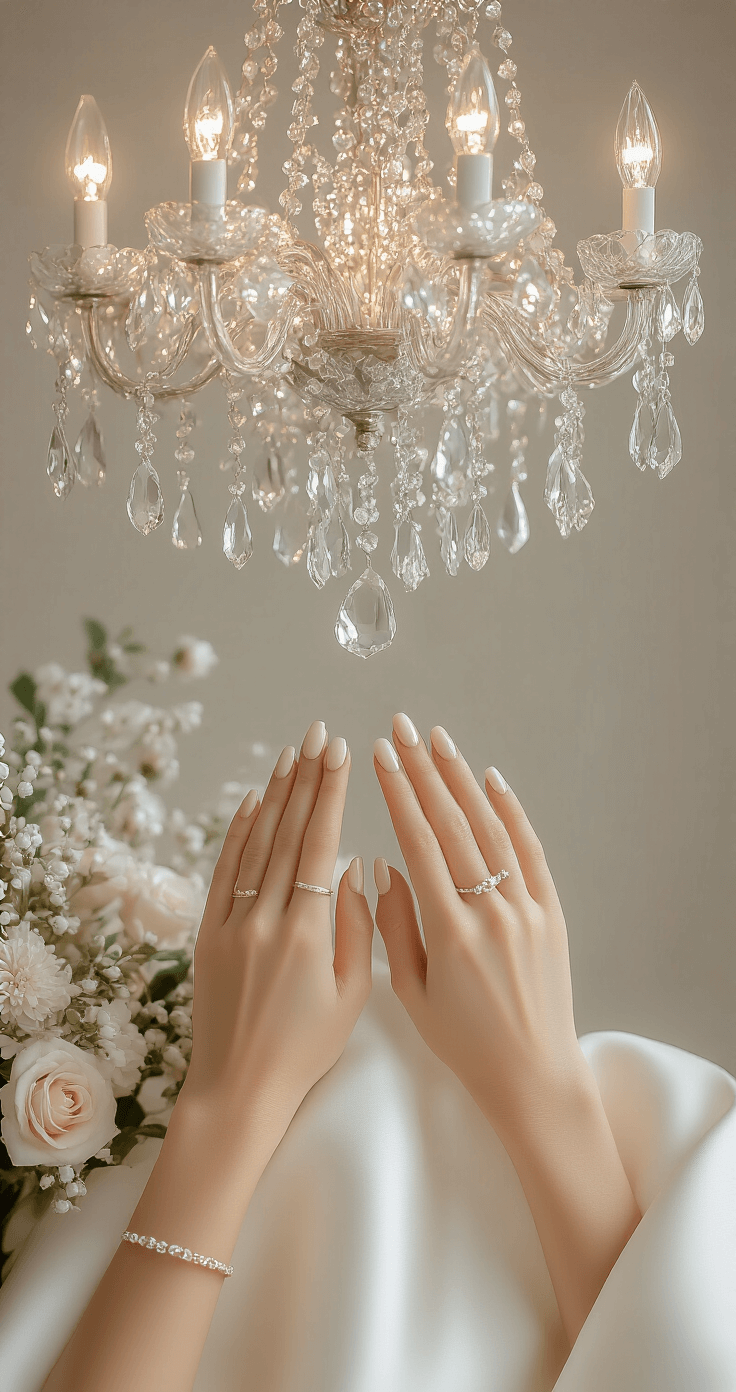 Wedding Nail Colors That'll Make Your Big Day Even More Beautiful Interior of a contemporary bridal boutique featuring a statement chandelier; close-up of hands on ivory satin, showcasing nude ombré nails with pressed flower accents, alongside a wedding band stack and delicate pearl jewelry, all illuminated by soft, diffused lighting.