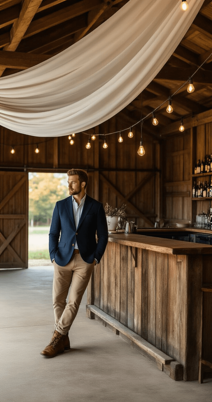 A male model in a navy linen blazer and khaki chinos stands beside a rustic wooden bar in a climate-controlled barn venue, illuminated by late afternoon light filtering through draped white fabric. Ambient string lights add a warm glow to the scene, showcasing rich textile details amidst a color palette of warm woods, navy, and cream.