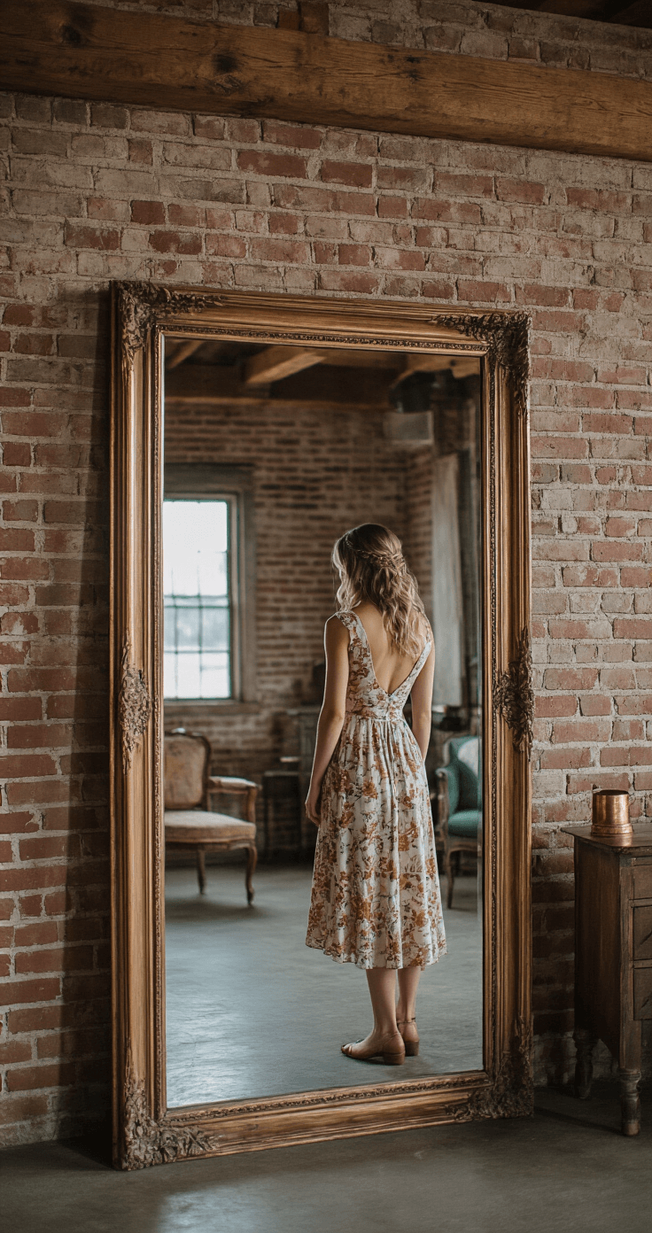Interior of a cozy barn dressing area during blue hour, featuring exposed brick walls and wooden beams. A vintage full-length mirror reflects a woman in a floral midi dress, surrounded by scattered vintage furniture and copper accents, all captured in soft focus.