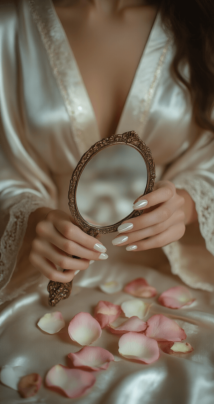 Wedding Nail Colors That'll Make Your Big Day Even More Beautiful Close-up of hands in a vintage-inspired boudoir, holding an antique hand mirror with pearlescent white nails adorned with delicate gold line art, surrounded by rose petals and illuminated by moody dusk light.