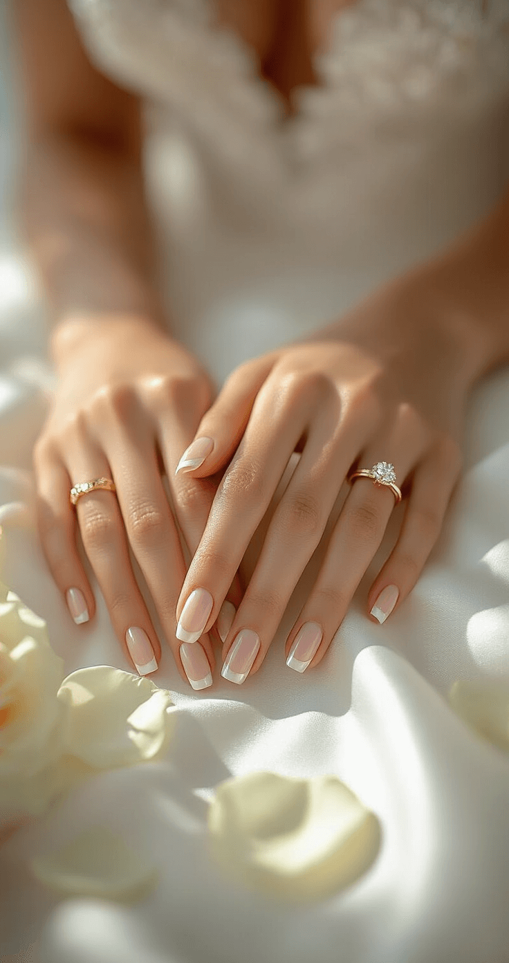 WEDDING NAIL TRENDS 2025: YOUR PERFECT BRIDAL MANICURE Close-up of a bride's manicured hands on white silk in a sunlit bridal suite, featuring a modern French manicure with gold striping, an engagement ring reflecting light, scattered white rose petals, and a pearl hairpin in a dreamy atmosphere.