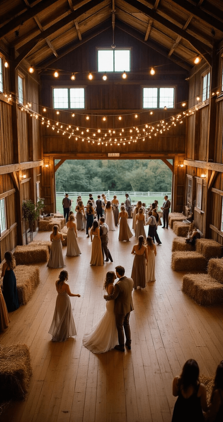A wide-angle view of a barn's main hall at dusk, featuring couples in semi-formal attire dancing on wooden floors illuminated by string lights. Women in flowing dresses create movement, while men in earth-toned blazers add structure. Hay bales with elegant fabric draping serve as intimate seating areas in the background.
