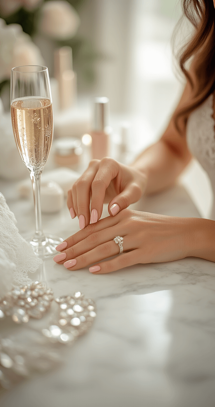 WEDDING NAIL TRENDS 2025: YOUR PERFECT BRIDAL MANICURE A serene moment in a luxurious nail salon where a manicurist applies blush pink polish to a bride's hands, complemented by a white marble counter, crystal accessories, a champagne flute, and a draped lace wedding veil, all bathed in warm afternoon light.