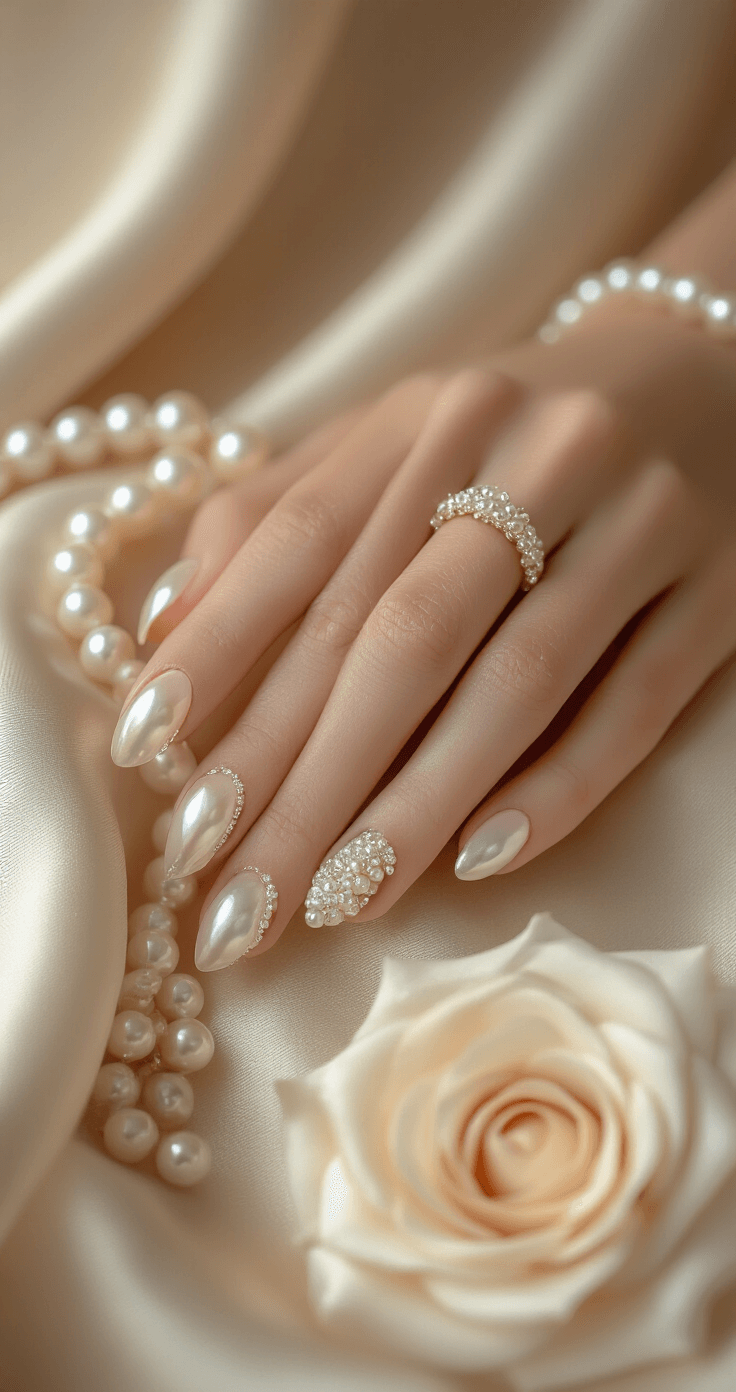 WEDDING NAIL TRENDS 2025: YOUR PERFECT BRIDAL MANICURE Ethereal detail shot of bridal hands with pearlescent nail art, positioned on a champagne silk background, featuring delicate pearl embellishments, a vintage pearl bracelet, and a cream rose bouquet, captured with soft studio lighting.