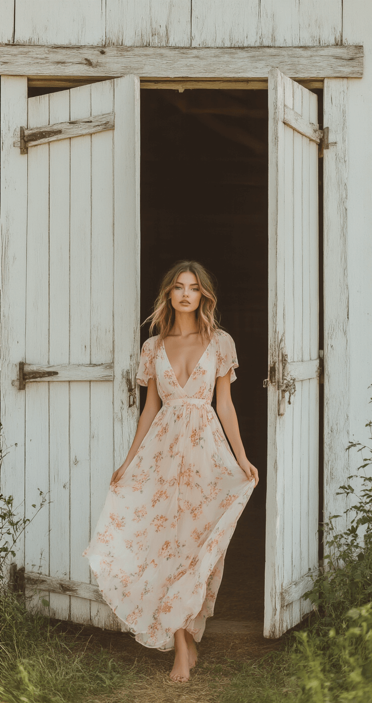A female model in a pastel chiffon dress with a floral print stands near open barn doors, with light fabrics gently flowing in the breeze, surrounded by whitewashed walls and greenery, captured from a low angle for an ethereal effect.