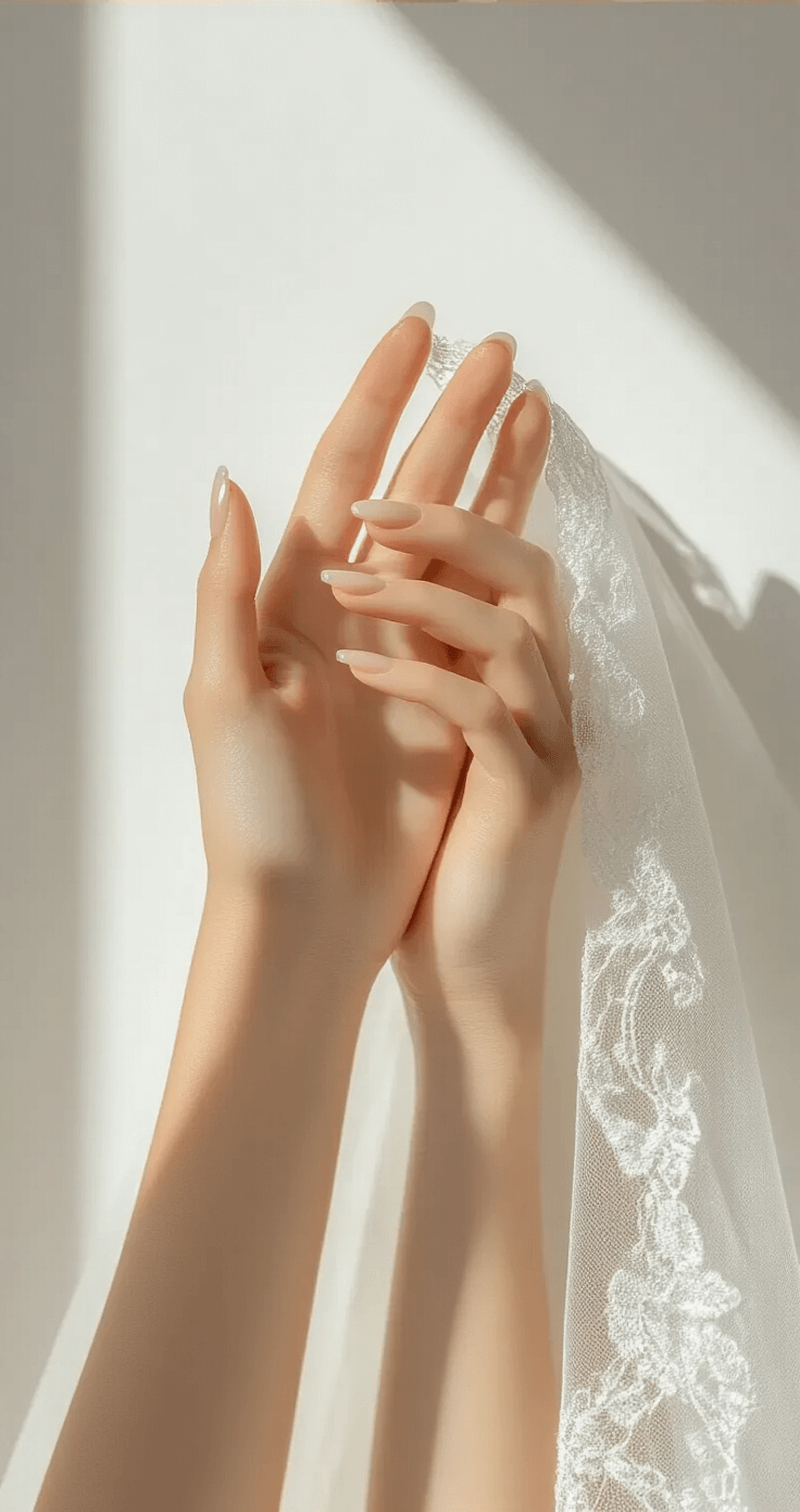 WEDDING NAIL TRENDS 2025: YOUR PERFECT BRIDAL MANICURE Close-up of naturally manicured hands with glossy finish holding a delicate lace veil in a bright, modern dressing room; clean white background and subtle shadows emphasize simplicity and elegance of the 'no-mani mani' look.