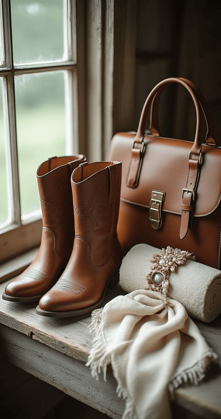 Detail shot of wedding guest accessories including leather boots, delicate wraps, and structured bags on a weathered wood surface, featuring soft window light and rich textures in a neutral color palette.