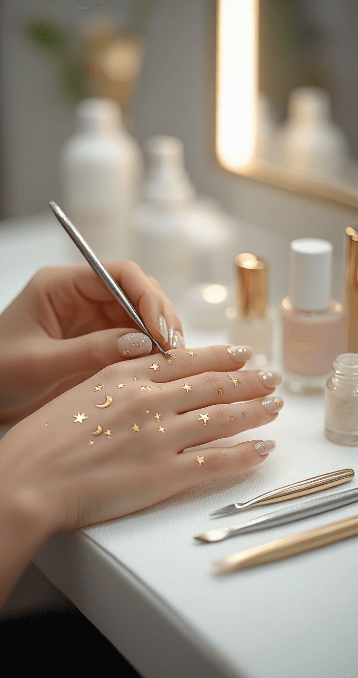 WEDDING NAIL TRENDS 2025: YOUR PERFECT BRIDAL MANICURE A professional manicurist meticulously designs intricate celestial nail art featuring tiny gold stars and crescent moons on a sheer nude base in a luxurious salon setting, surrounded by elegant tools and high-end nail products, captured in documentary style with a 35mm lens.