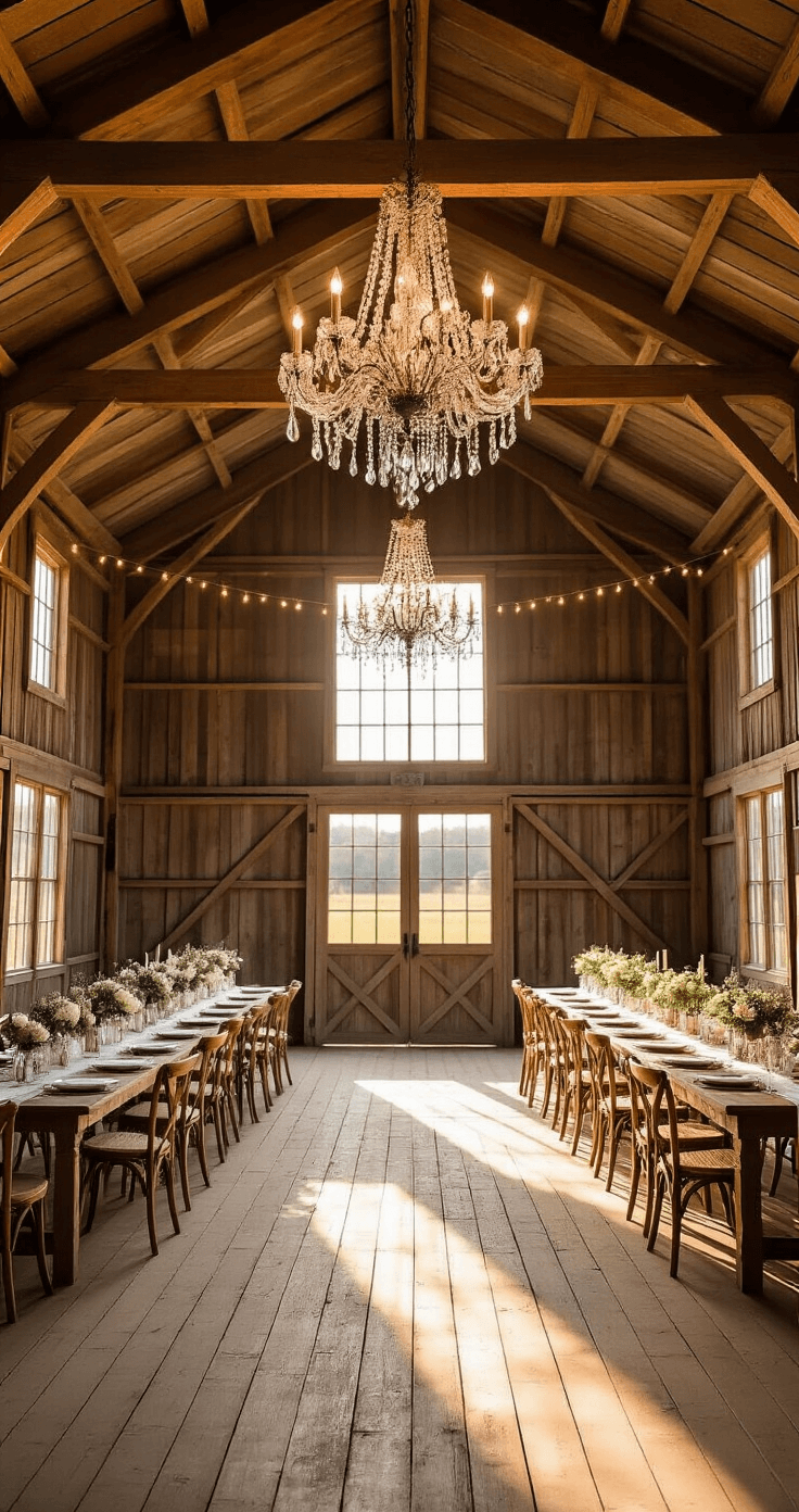 Interior of a restored barn during golden hour, featuring a soaring beam ceiling with a chandelier, natural light highlighting weathered floors, and a reception setup with farmhouse tables, lace runners, and floral arrangements, captured with warm tones and soft shadows.