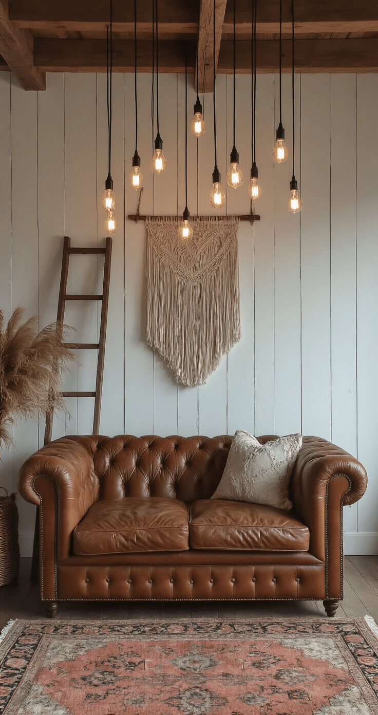 Intimate barn corner vignette during blue hour featuring a vintage ladder light installation with Edison bulbs, a cognac leather Chesterfield sofa against a whitewashed wall, and layered Persian rugs. A macramé wall hanging displays dried pampas grass, captured from a low angle to emphasize textural contrasts in the warm, moody lighting.
