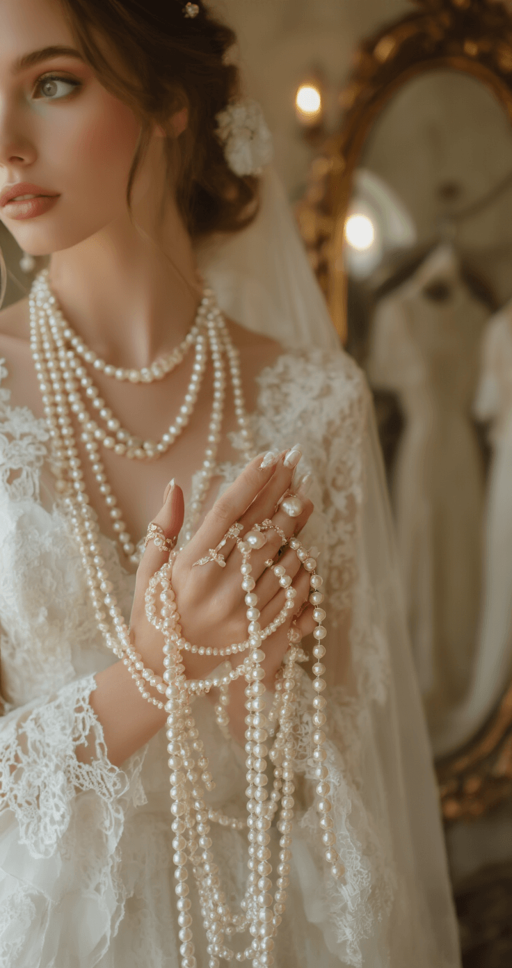 WEDDING NAIL TRENDS 2025: YOUR PERFECT BRIDAL MANICURE A model's hands adorned with strings of pearls display a graduated French manicure with pearl accents, while a lace wedding dress softly blurs in the background of a vintage bridal boutique, illuminated by warm golden hour light reflecting off antique mirrors.