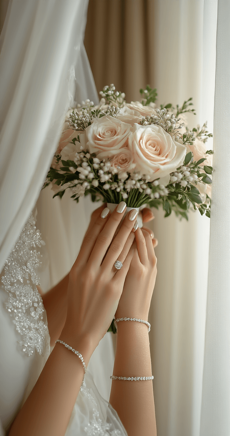 WEDDING NAIL TRENDS 2025: YOUR PERFECT BRIDAL MANICURE Close-up of bride's hands with a classic bouquet, showcasing a sophisticated manicure with shimmer and micro glitter accents, set in a contemporary wedding suite. Morning light filters through sheer curtains, enhancing the romantic atmosphere while highlighting wedding ring details and a delicate bracelet.