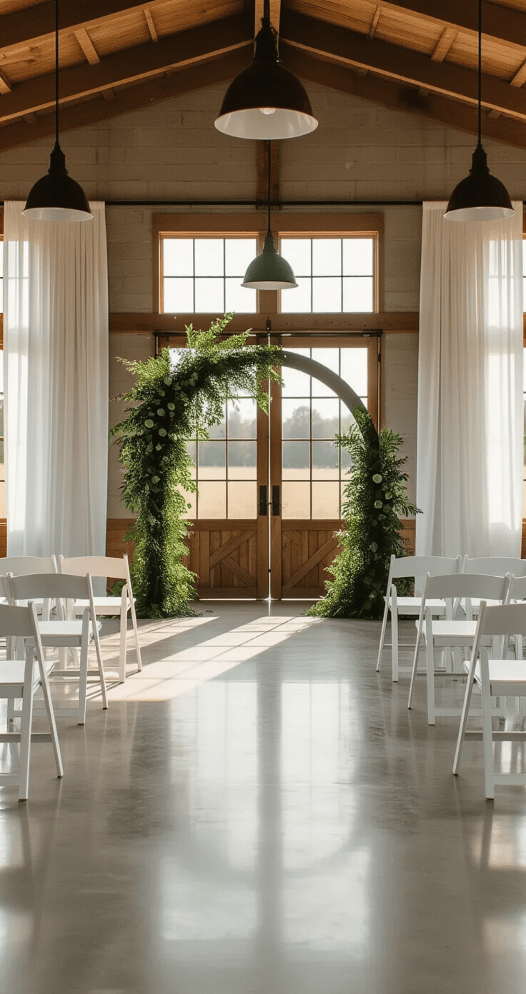 Modern barn ceremony space with minimalist white drapery panels and 20ft sliding barn doors, featuring polished concrete floors and industrial black metal pendant lights. Ghost chairs arranged symmetrically around a bronze arch adorned with asymmetrical monstera and eucalyptus greenery, all captured in bright, cool natural light.
