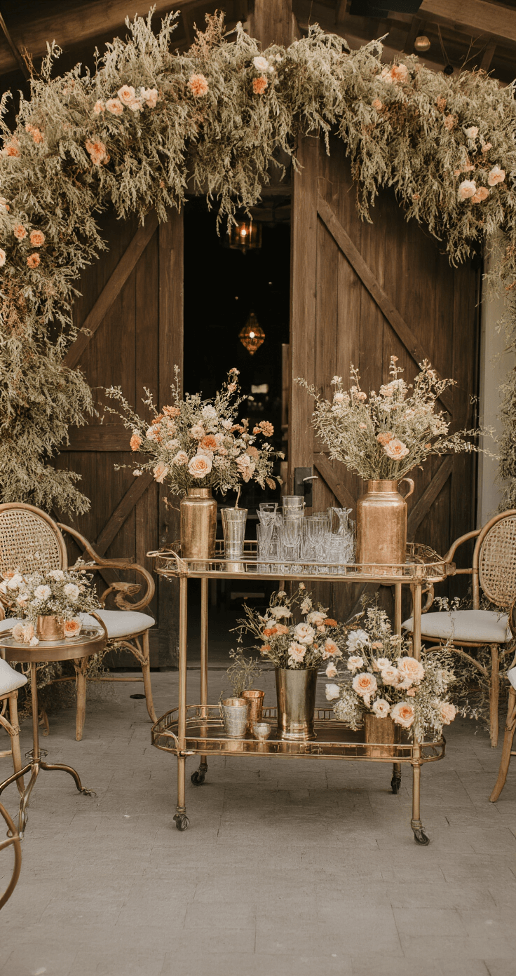 Barn entrance with open 15ft wooden doors revealing a cocktail area styled with a vintage bar cart. Mixed metallic vases filled with wild meadow flowers in sage, blush, and cream. Clusters of mismatched vintage furniture create conversation areas, while an overhead installation of dried flowers and preserved foliage adds charm. The scene is captured from a slightly elevated position with dreamy backlit lighting and subtle lens flare.