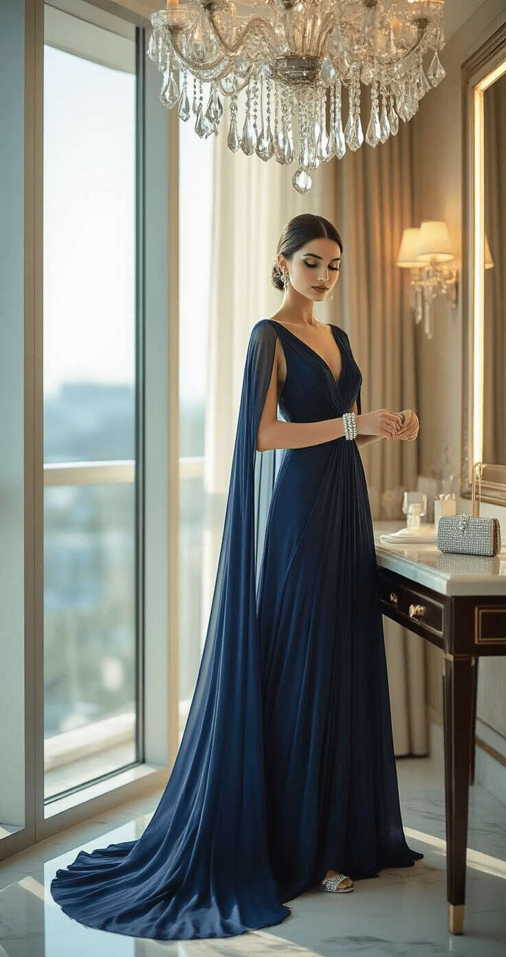 Luxurious resort suite interior with early afternoon light, featuring a subject in a midnight blue chiffon gown adjusting a diamond bracelet at a marble vanity, complemented by silver block heels and a pearl-embellished clutch, with a crystal chandelier casting elegant light patterns.