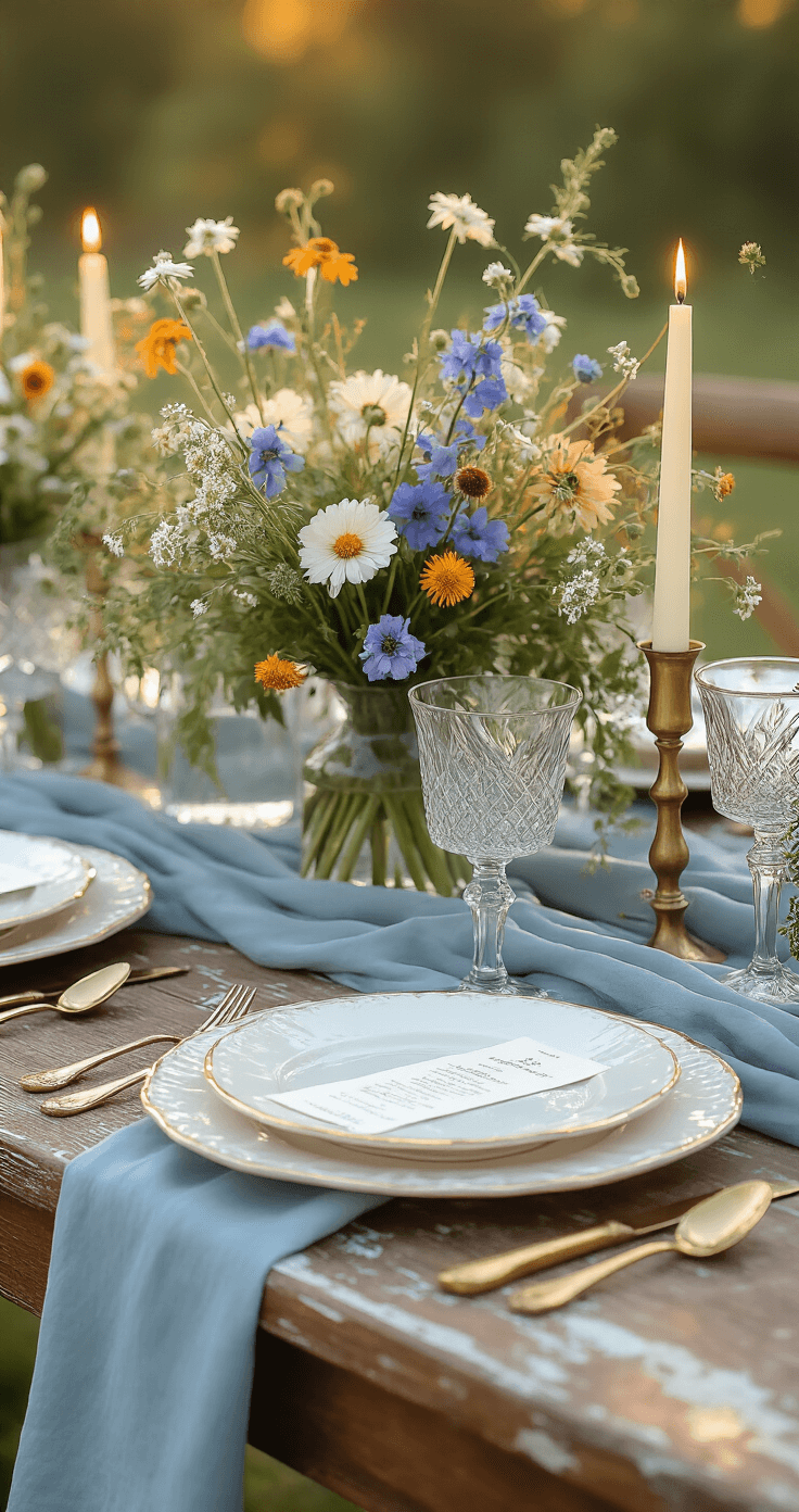 A beautifully arranged reception tablescape featuring an 8ft distressed farm table. Layered vintage elements include white ceramic chargers with gold-rimmed crystal, hand-dyed silk runners in dusty blue, and an organic centerpiece of local wildflowers in clear glass vessels. Taper candles in brass holders add a warm glow, captured in macro from a 45-degree angle with a shallow depth of field.