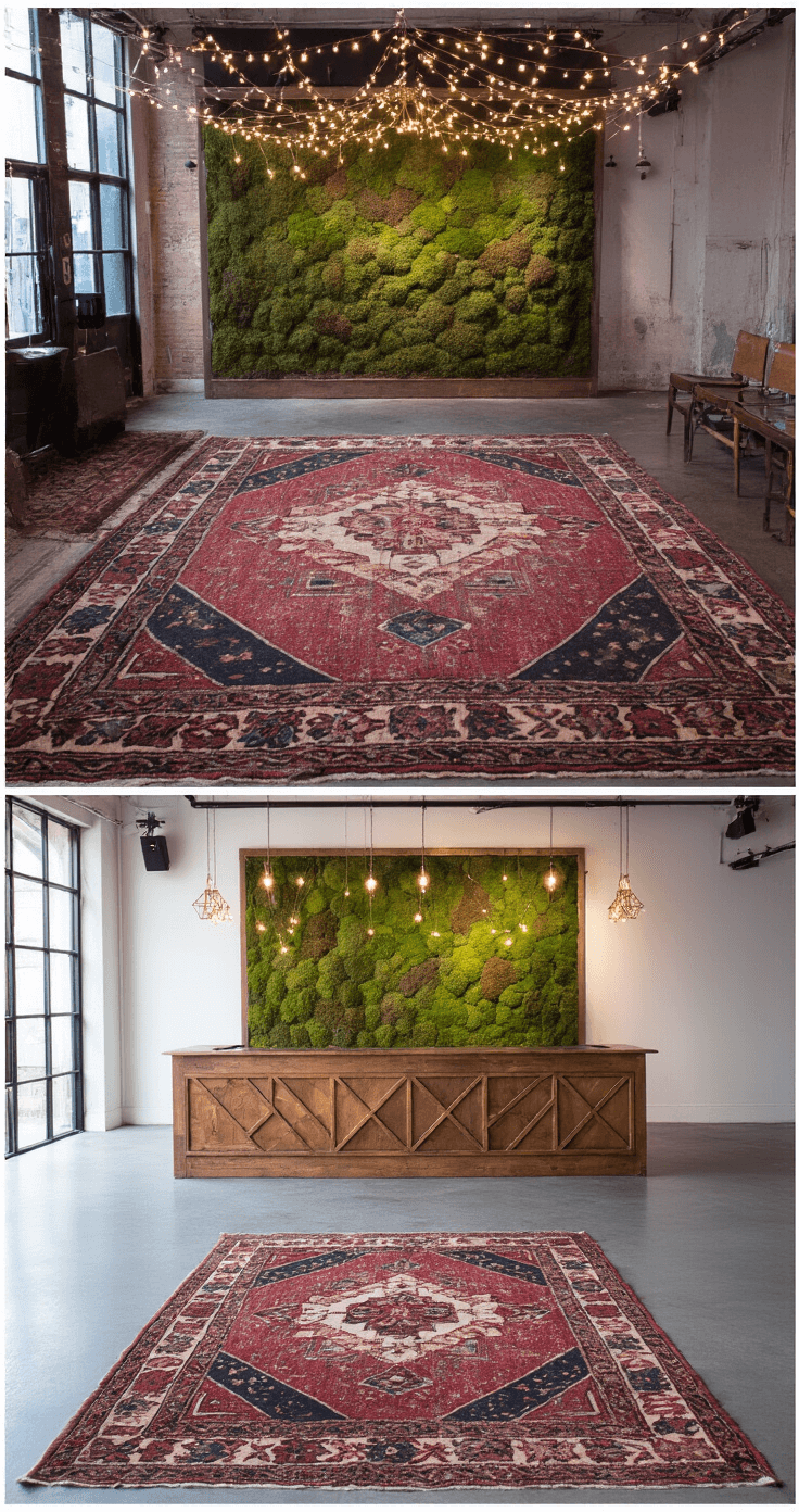 A wide-angle view from a mezzanine level captures a dusk-lit dance floor featuring geometric string lights creating a starry ceiling effect above a central 30x30ft space. Vintage oriental rugs softly border the area, while a custom wooden bar with copper accents stands against a geometric backdrop wall adorned with preserved moss. The long exposure creates dynamic light trails, enhancing the moody atmosphere and accentuating architectural details.
