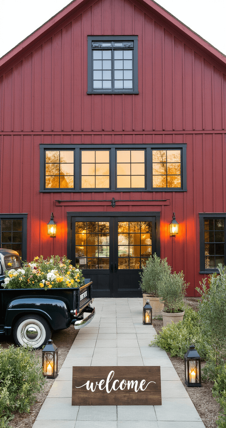 A historic red barn at golden hour, featuring modern black-framed windows and an entry path lined with lanterns and potted olive trees. A vintage pickup truck filled with flowers serves as a photo opportunity, alongside a wooden welcome sign in modern calligraphy and wild garden style arrangements, all captured from a low angle to highlight the architecture with natural backlighting.