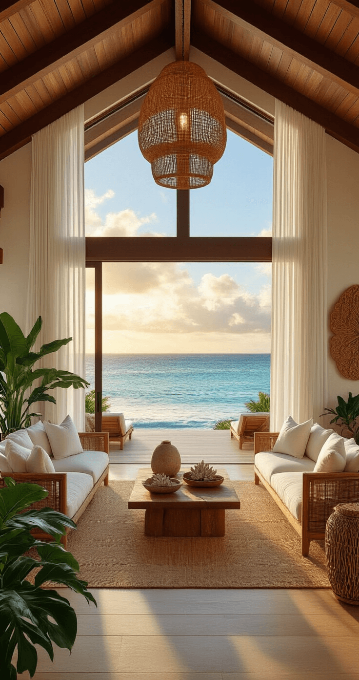 A luxurious Hawaiian beachfront villa at golden hour, featuring vaulted ceilings, panoramic ocean views, and modern tropical décor with polished teak floors and flowing white curtains.