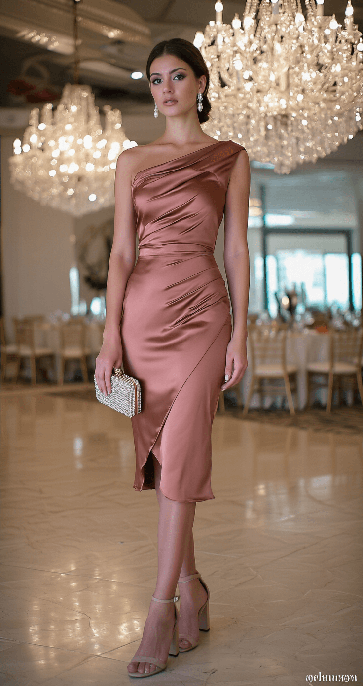 A woman in a fitted satin midi dress in deep rose gold poses in an evening resort ballroom adorned with modern chandeliers. She wears nude block heels and vintage-inspired pearl drop earrings, holding a crystal-embellished minaudière clutch, with her hair styled in an elegant low chignon. The scene is lit with available light and subtle off-camera flash, captured with an 85mm prime lens.