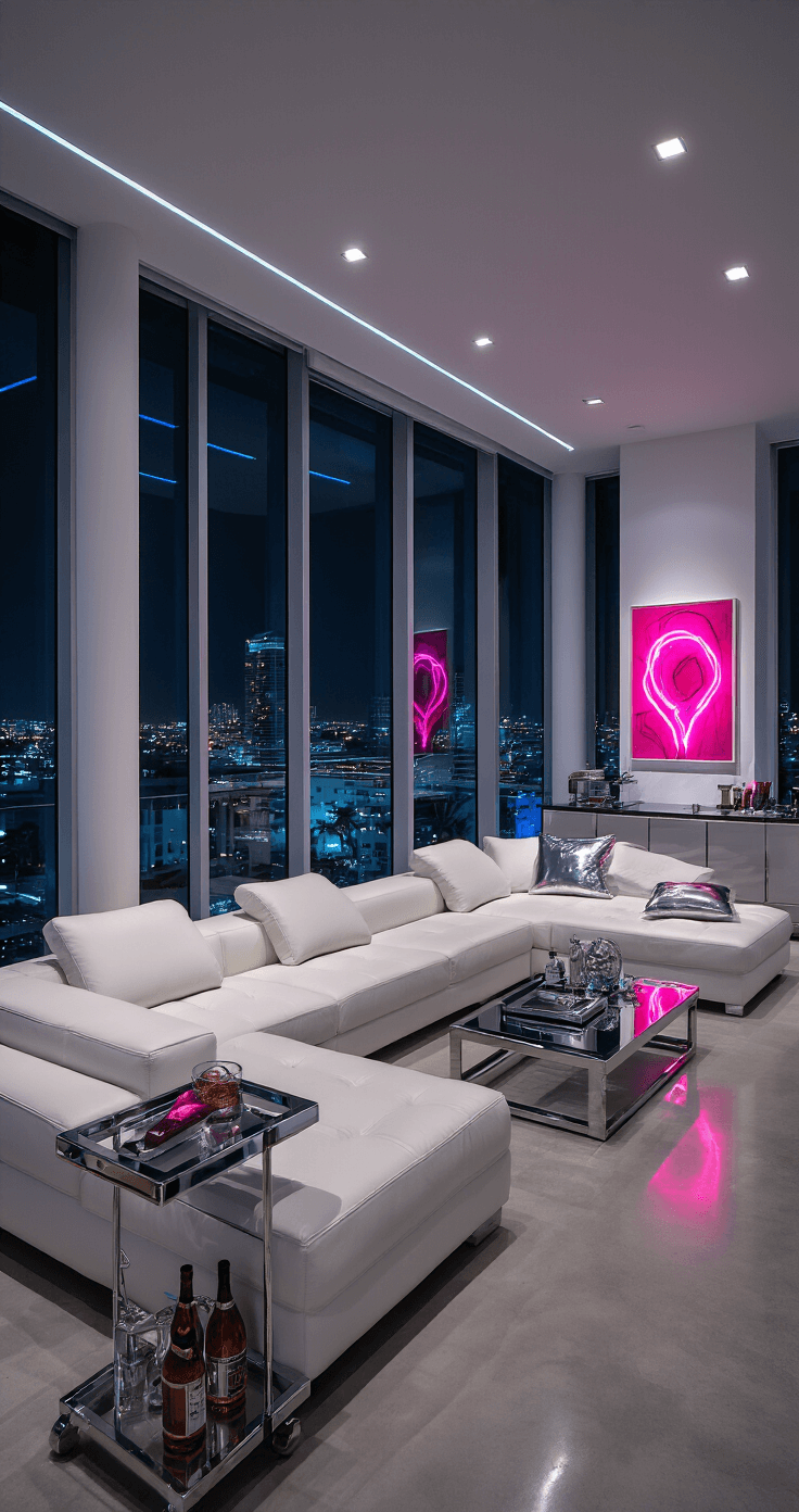 Miami penthouse suite at night featuring floor-to-ceiling windows with views of neon-lit South Beach; ultra-modern 1500 sq ft space with polished concrete floors, white leather sectional, chrome and glass furnishings, and abstract art in hot pink and electric blue; dramatic up-lighting and illuminated bar cart; color palette of white, chrome, black, and neon accents.
