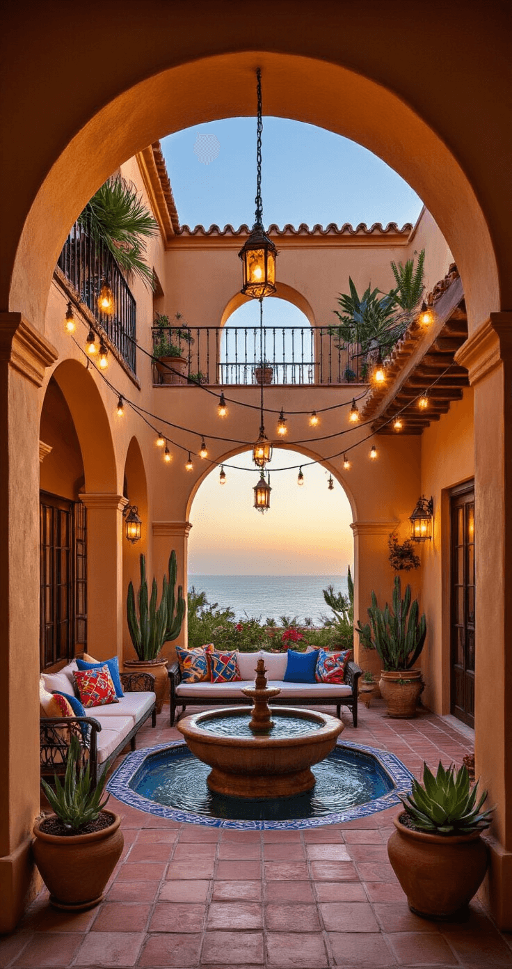 Cabo San Lucas villa courtyard at sunset, featuring Spanish colonial architecture with 15-foot terra cotta archways framing ocean views, authentic Mexican tiles, wrought iron details, and a central water fountain. The scene is illuminated by hanging string lights, showcasing colorful textile pillows, potted succulents, and candlelit lanterns, with warm terracotta, cobalt blue, and sun-bleached white hues in golden hour lighting.