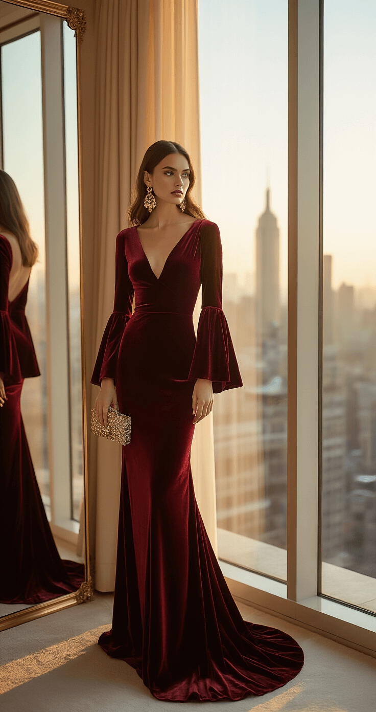 Fall Wedding Guest Fashion: What to Wear & How to Style It Right Model in a burgundy velvet gown with bell sleeves poses by floor-to-ceiling windows in a luxurious hotel suite during golden hour, sunlight enhancing the gown's texture and casting warm shadows, complemented by vintage gold earrings and a crystal clutch, with elegant cream furnishings and a city skyline reflection in a mirror.