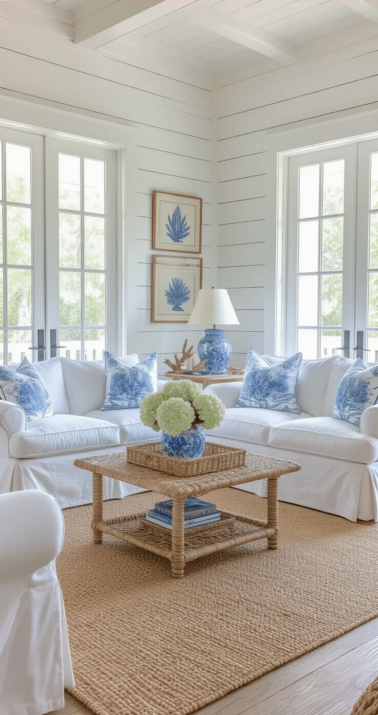 Interior of a coastal-chic cottage at Rosemary Beach, featuring shiplap walls, 10-foot coffered ceilings, and slipcovered furniture in natural linens. French doors lead to a wraparound porch, with bright natural light illuminating vintage coral prints and seagrass rugs. Decor elements include blue-and-white chinoiserie, driftwood accents, and fresh hydrangeas, all within a crisp white and coastal blue color palette.