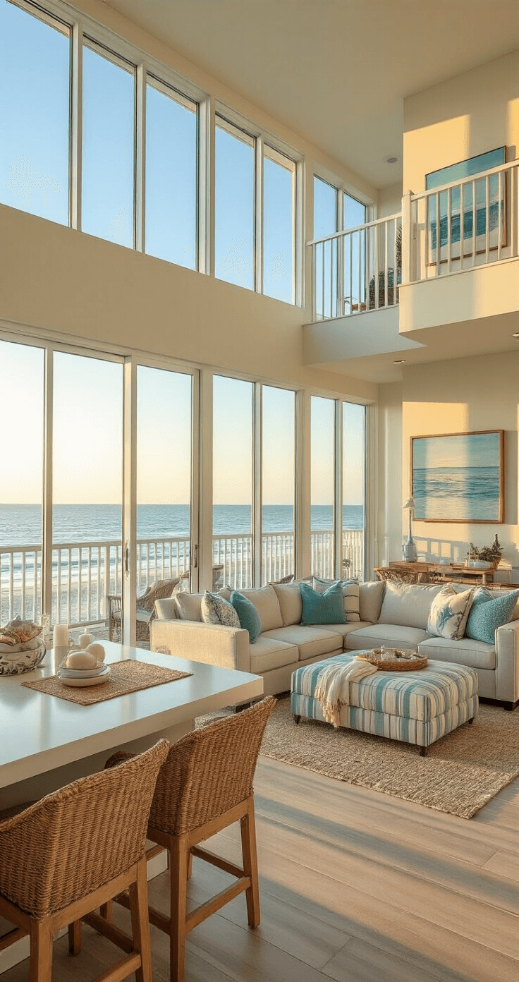 Oceanfront condo in Myrtle Beach at dawn featuring contemporary design with 9-foot ceilings and large windows, open living area with coastal decor, breakfast bar with rattan stools, and an inviting sectional. Golden morning light casts long shadows, highlighting shell collections and nautical artwork in a color palette of sandy beige, sea glass green, and soft blues.