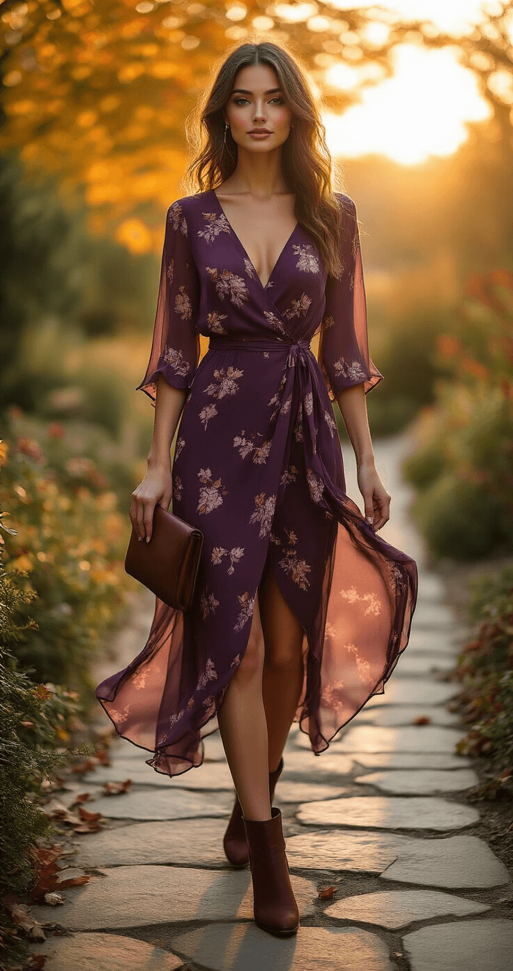 Fall Wedding Guest Fashion: What to Wear & How to Style It Right Model in a plum chiffon wrap dress with fall floral patterns, wearing chocolate brown suede ankle boots, posed on a stone garden terrace during sunset, with autumn foliage in the background and a gentle breeze creating movement in the fabric.