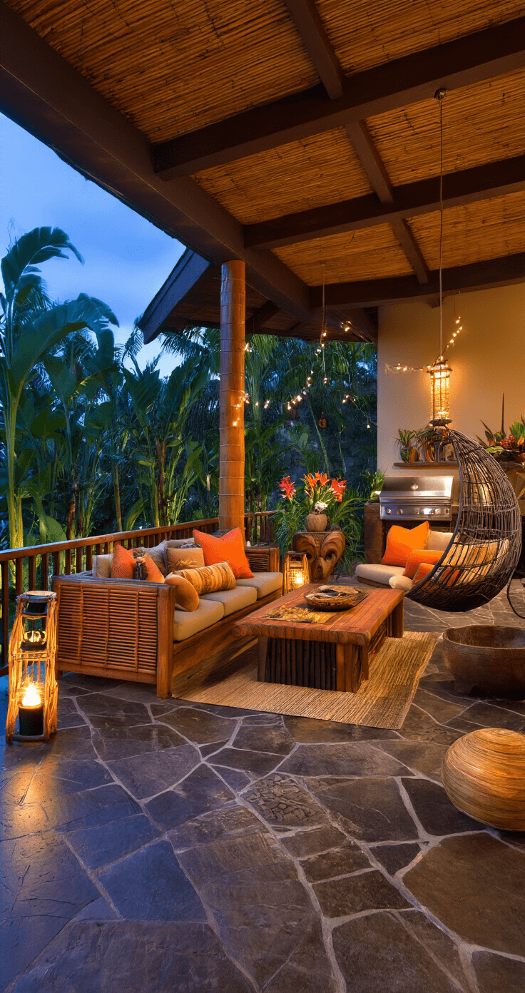Hawaiian outdoor lanai at twilight with bamboo ceiling, volcanic stone flooring, and teak furniture. The scene includes a hanging egg chair, built-in BBQ, tiki torches, and string lights creating ambiance, surrounded by tropical flower arrangements and woven grass placemats, all in deep browns, jungle greens, and flame orange hues.