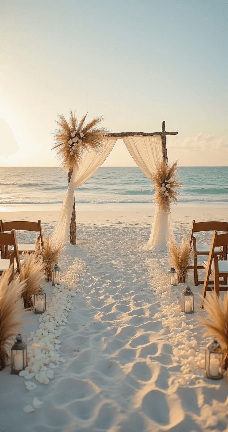 A low-angle view of an elegant beach wedding setup at golden hour, featuring a minimalist driftwood arch draped with ivory chiffon and pampas grass, with ghost chairs in a curved formation. A natural jute runner lined with hurricane lanterns and white rose petals leads to the altar, set against a backdrop of gentle turquoise waves and soft, directional sunset lighting casting long shadows on the white sand. Foreground detail includes bare footprints in the sand, reflecting a color palette of cream, weathered gray, soft gold, and sea glass blue.