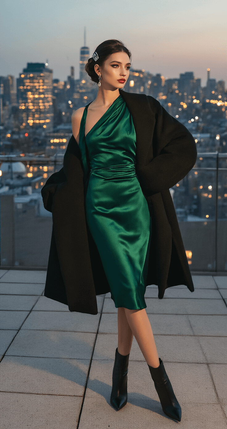 Fall Wedding Guest Fashion: What to Wear & How to Style It Right A model in a rich emerald satin midi dress with an asymmetrical neckline stands on an urban rooftop at dusk, showcasing black pointed-toe boots and an oversized wool wrap coat. Her hair is styled in an elegant updo with a vintage hair clip, against a backdrop of twinkling city lights, captured in a dramatic metropolitan setting.
