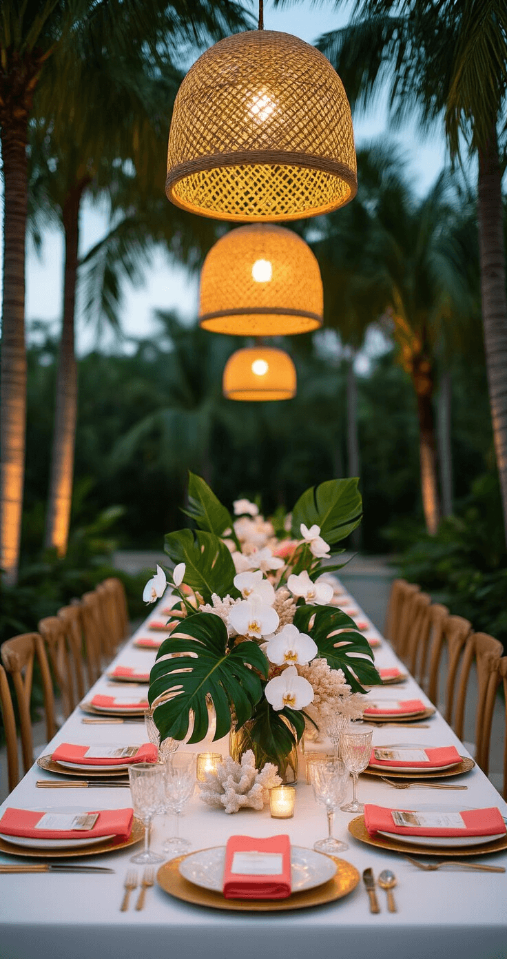 Tropical paradise reception tablescape at dusk featuring a 6ft farm table with white linen, oversized monstera leaves, coral pieces, and white orchids as the centerpiece. Elegant place settings with white ceramic plates, gold chargers, crystal stemware, and coral napkin accents, enhanced by rattan pendant lights casting a warm glow. Color scheme includes emerald green, coral pink, crisp white, and metallic gold.