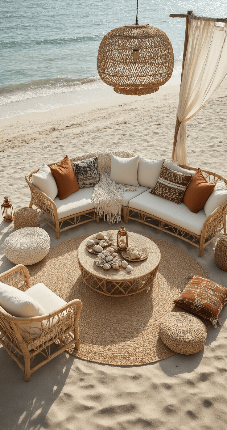 Aerial view of a boho beach lounge featuring low-profile rattan furniture with cream cushions, layered with macramé throws and vintage kilim pillows, set on packed sand. A circular jute rug anchors the 15x15ft seating area, adorned with copper lanterns and seashells. A driftwood coffee table displays maritime artifacts, surrounded by a color palette of natural beige, rust, indigo, and sandy taupe, illuminated by late afternoon natural light. Gauzy curtains flutter in the breeze amidst atmospheric elements of sea spray.