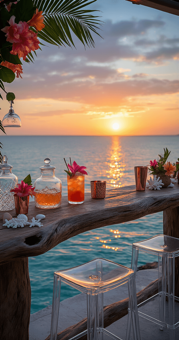 A sunset cocktail station featuring a custom driftwood bar facing the western horizon, with glass dispensers of signature drinks garnished with tropical flowers, surrounded by coral and seashell accents, copper bar tools, and frosted glassware, all illuminated by a rose gold sky reflecting on calm waters. Ghost barstools with seaside motifs complete the serene scene in blush pink, copper, crystal clear, and deep ocean blue hues.