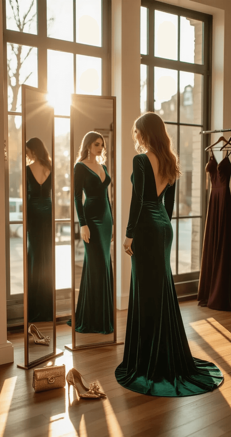A sophisticated bride-to-be admires herself in a triple mirror, dressed in a floor-length emerald velvet gown with long fitted sleeves, as golden afternoon light streams through floor-to-ceiling windows. Elegant bronze accessories, including metallic heels and a vintage-inspired clutch, are scattered nearby. A rack of luxurious winter wedding attire in deep burgundies, navy blues, and black is visible in the background, on natural wooden floors that reflect the warm light. The image captures the scene from a low angle, emphasizing the gown's movement with a dreamy background blur.