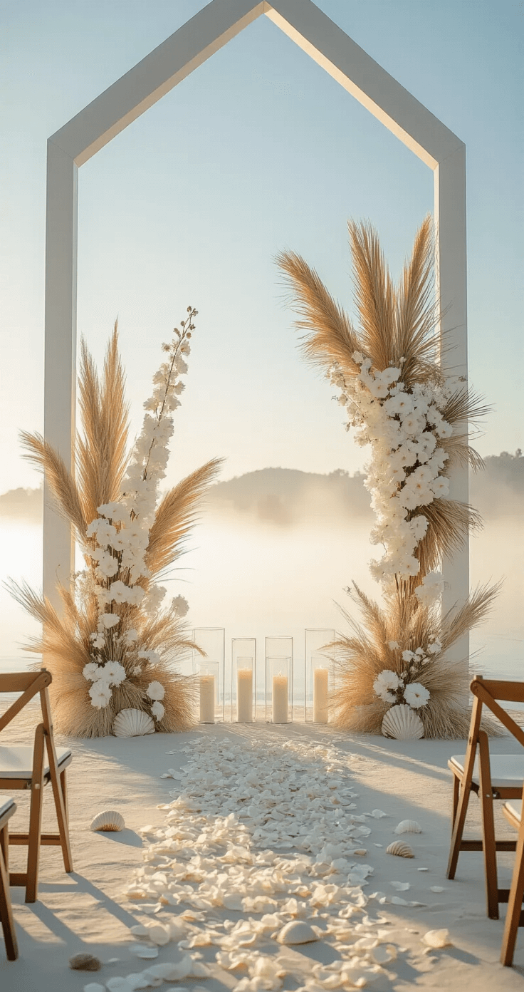 A modern geometric altar installation featuring a white powder-coated frame adorned with asymmetrical arrangements of white delphinium, pampas grass, and palm fronds, set against a sand platform with scattered white petals and large conch shells, illuminated by early morning light and framed by four tall glass pillars with floating candles, amidst soft morning mist in shades of bright white, pale gold, sea foam green, and silver.