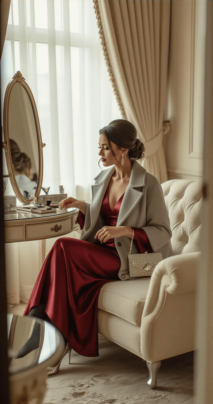 An intimate hotel suite with soft morning light filtering through sheer curtains, featuring a wedding guest styling her deep ruby red satin midi dress layered with a pearl-grey wool coat on a plush cream chaise lounge. Sophisticated accessories like metallic pumps, a crystal-embellished clutch, and sheer black tights are artistically arranged nearby, with a vanity mirror reflecting ambient light in a shallow depth of field that emphasizes texture details.