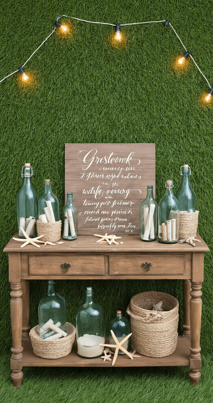A guest perspective of a vintage wood console table styled as a message-in-a-bottle guest book station, featuring clear and sea glass bottles with rolled paper messages, weathered wood calligraphy signage, illuminated by string lights and natural light, surrounded by textured elements like rope, starfish, and sand-filled vessels, in colors of aged wood brown, sea glass green, warm white, and nautical blue.