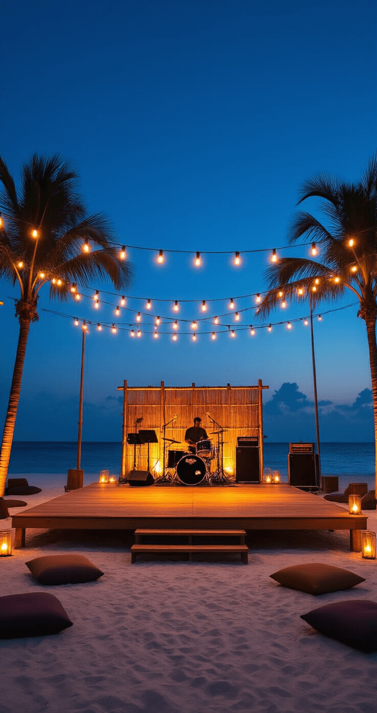 A twilight dance floor setup features a 20x20ft wooden platform above sand, adorned with crosshatched string lights, surrounded by warm tiki torches. A live band performs near a bamboo backdrop, while scattered floor cushions and low tables create a cozy perimeter. Silhouetted palm trees stand against a deep blue evening sky, reflecting moonlight, showcasing vibrant movement and a celebratory atmosphere.