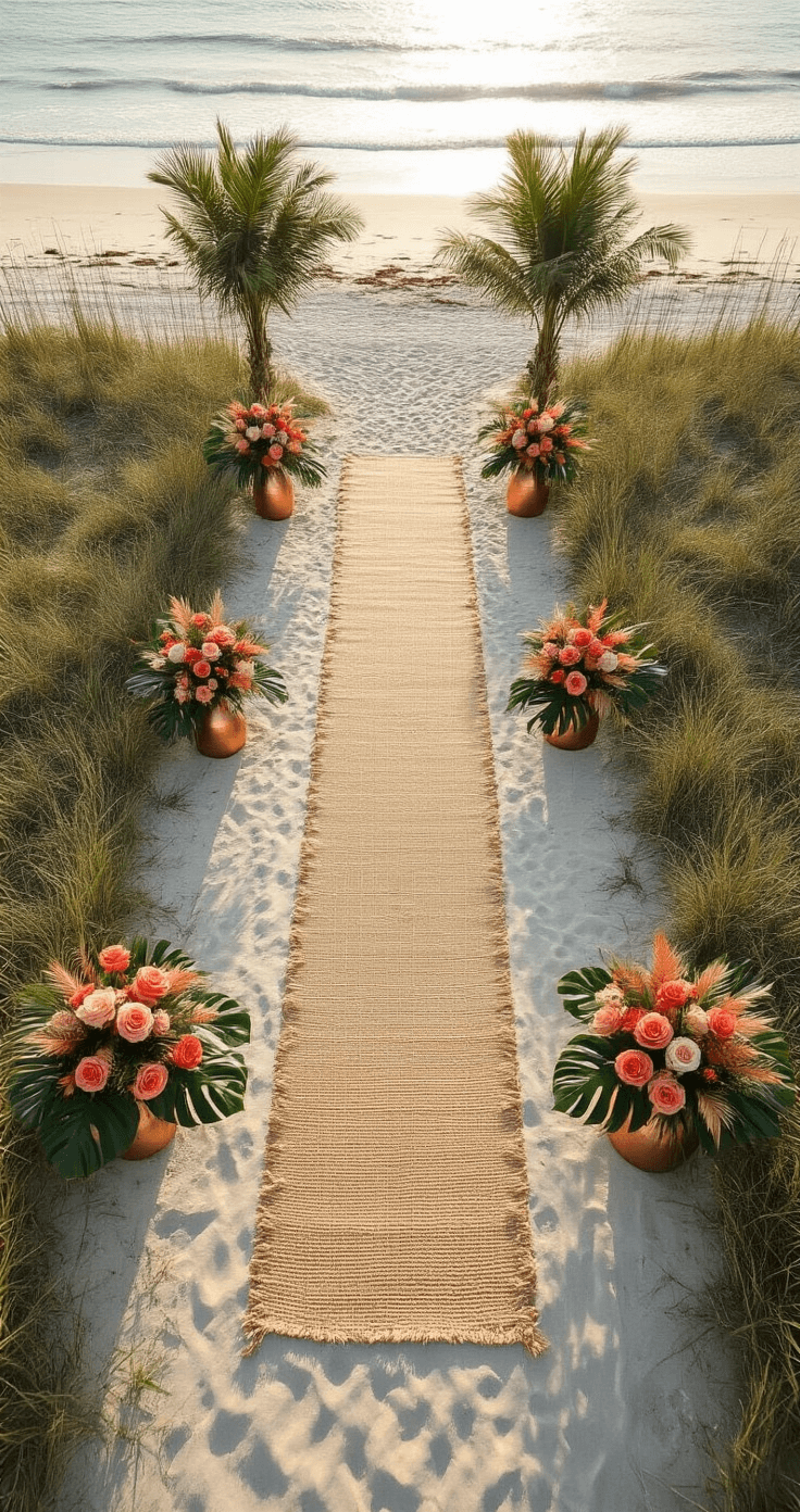 Aerial view of an intimate beachfront wedding setup, featuring a winding natural fiber runner bordered by jute rope, clusters of coral roses and monstera leaves in copper vessels marking the aisle edges, and palm frond arrangements anchoring the entrance, all cast in morning light with striking shadows on the sand.