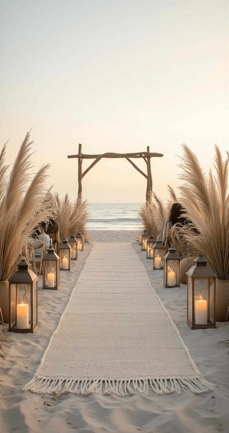Low-angle view of a minimalist boho beach aisle at dusk, featuring a sandy pathway lined with hurricane lanterns and flickering LED candles, pampas grass in ceramic vessels, and a macramé runner leading to a driftwood arch, with subtle uplighting enhancing textural details.
