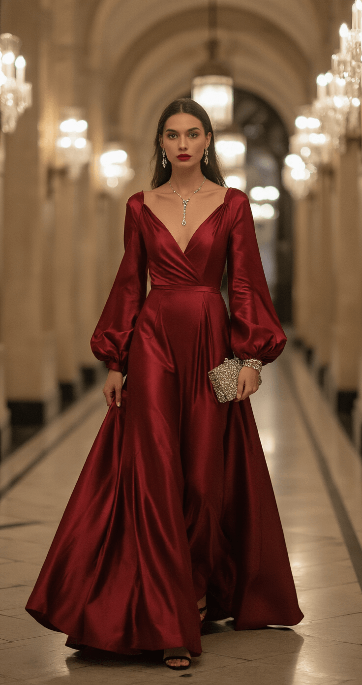 An elegant hotel corridor featuring art deco details, illuminated by crystal sconces, showcases a guest in a flowing ruby red satin gown with long sleeves, accessorized with metallic jewelry and an embellished clutch, captured mid-stride with a blurred motion effect.