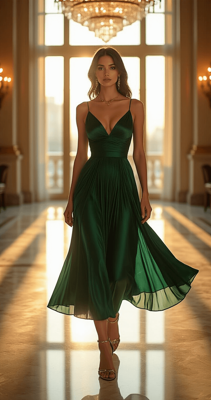 Elegant woman in an emerald green silk dress at a luxurious hotel ballroom cocktail party, with warm golden hour light illuminating her outfit and reflecting off crystal chandeliers and marble floors.