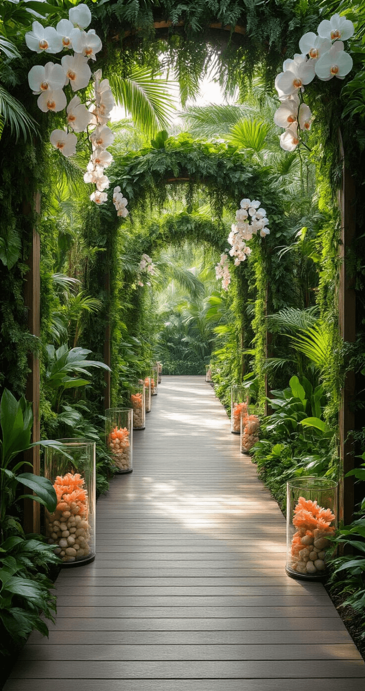 A serene tropical aisle design featuring a weathered gray elevated walkway, lush greenery, cascading orchids, and glass cylinders filled with coral and white florals, captured in soft mid-morning light from a guest's seated perspective.