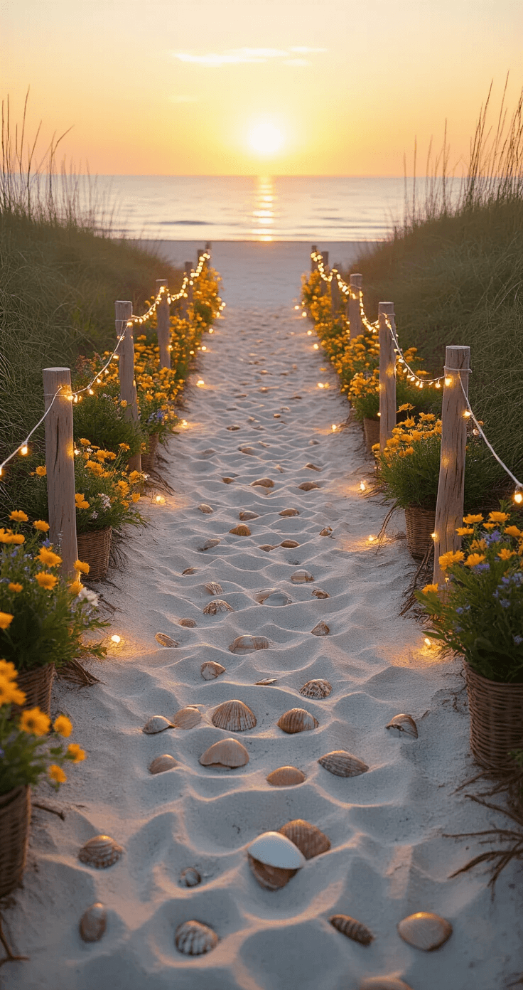Eye-level view of a sustainable beach aisle at sunset, featuring a 35-foot pathway bordered by natural shells and seagrass, with LED-lit driftwood stakes marking the edges. Indigenous coastal flowers in biodegradable vessels enhance the scene, illuminated by golden hour lighting for a romantic atmosphere.