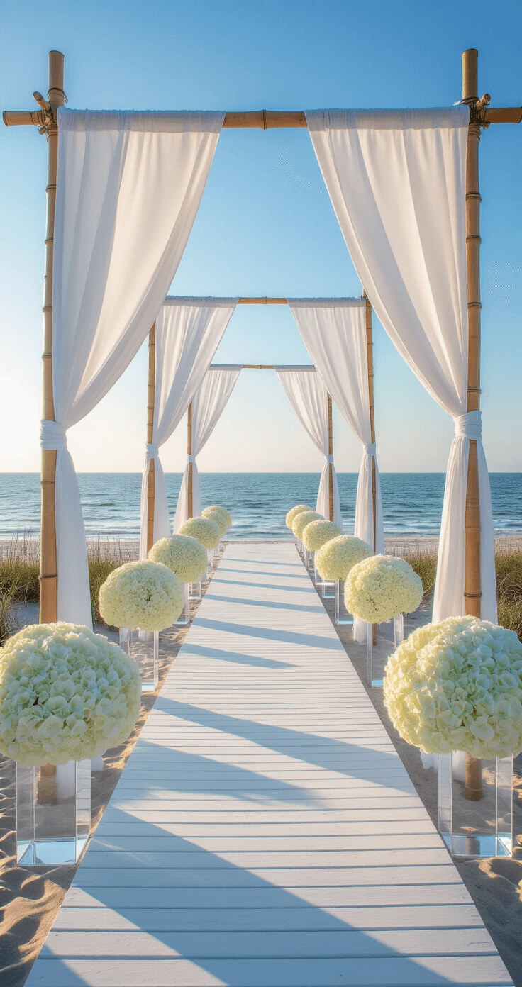 A wide-angle shot of a coastal aisle featuring a thirty-foot elevated white wooden boardwalk, adorned with white hydrangea spheres on clear acrylic pedestals at varying heights. Billowing white fabric panels attached to bamboo poles frame the scene, captured in natural light with an ocean backdrop.