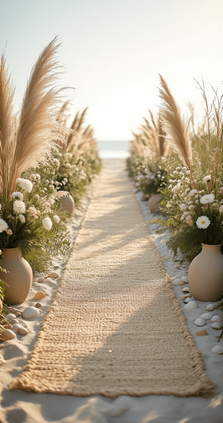 A textured beach aisle featuring a twenty-foot natural fiber runner bordered by weathered rope, with organic arrangements of dried pampas grass, local greenery, and white blooms in sandy-toned ceramic vases; shells and sea glass line the pathway, captured in soft morning light from a 45-degree angle.