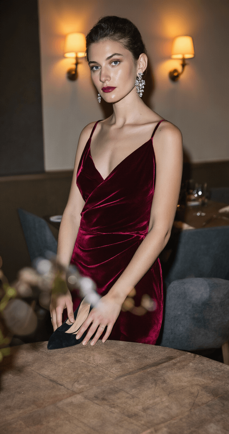 Close-up of a model in a burgundy velvet midi dress with draping, black suede pumps, and vintage crystal earrings, set in a cozy boutique restaurant with ambient wall lighting and a soft bokeh background.